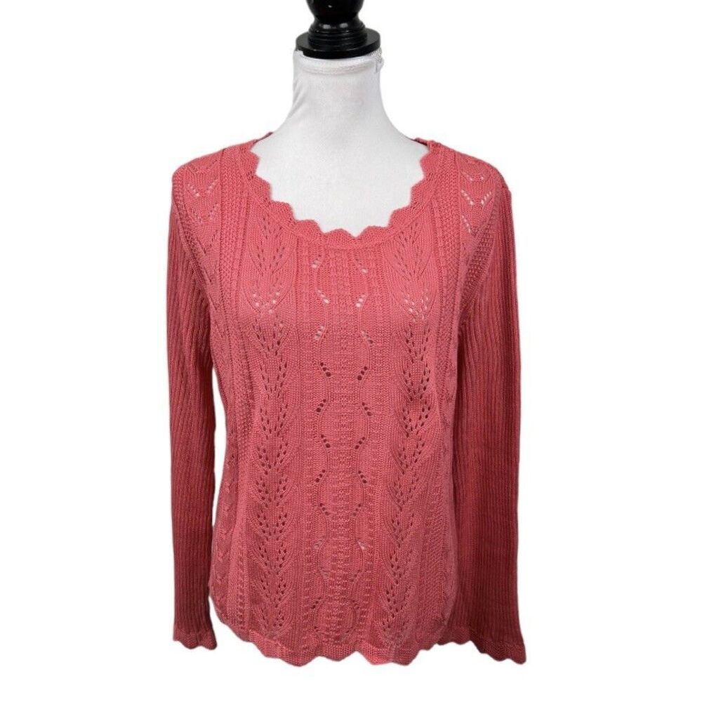 Worthington Sweater Top Size L Orange Scallop Neck Pullover Long Sleeves Knit